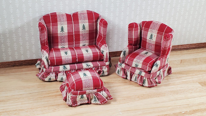 Dollhouse Small Sofa Chair Ottoman Cabin Style 1:12 Scale Miniature Furniture - MiniatureCrush