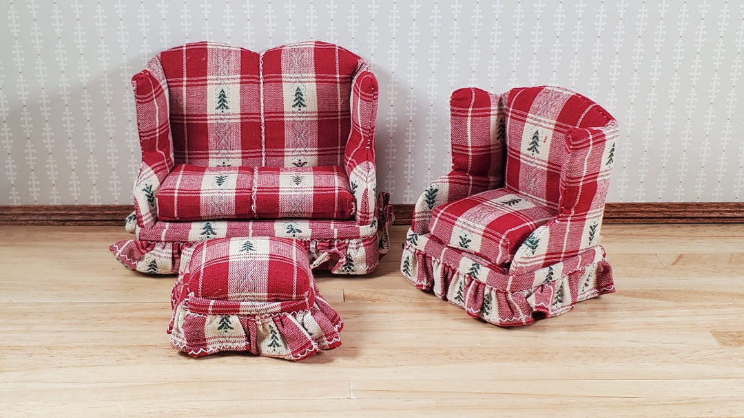Dollhouse Small Sofa Chair Ottoman Cabin Style 1:12 Scale Miniature Furniture - MiniatureCrush