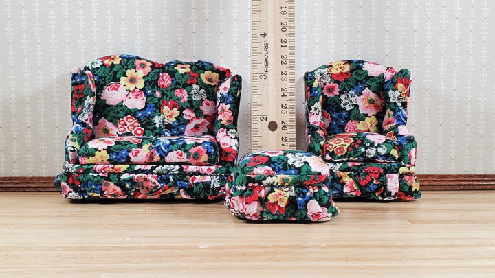 Dollhouse Small Sofa Chair Ottoman Colorful Floral 1:12 Scale Miniature Furniture - MiniatureCrush