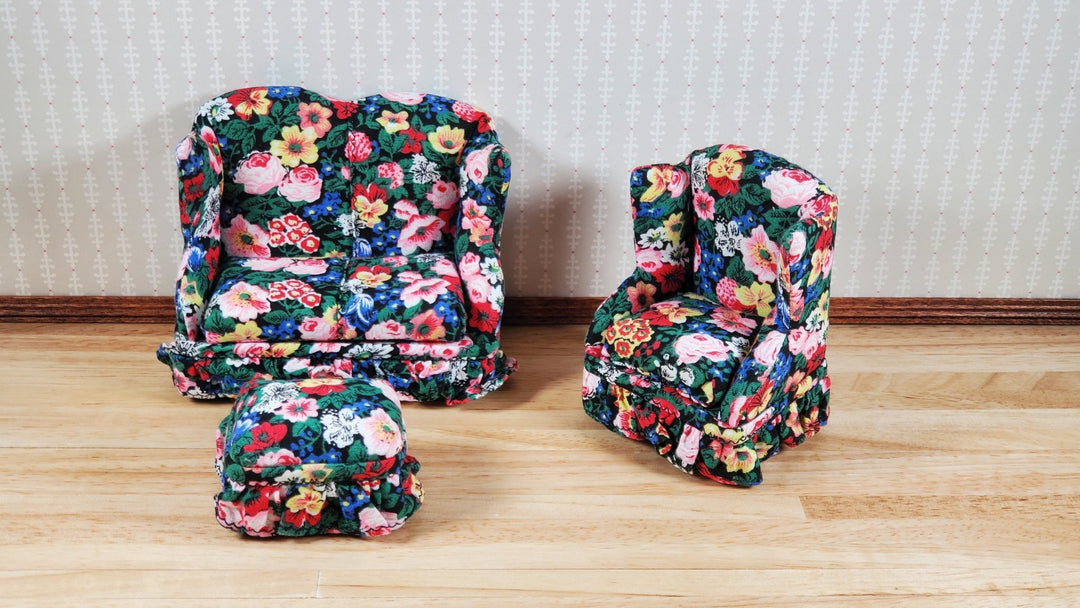 Dollhouse Small Sofa Chair Ottoman Colorful Floral 1:12 Scale Miniature Furniture - MiniatureCrush