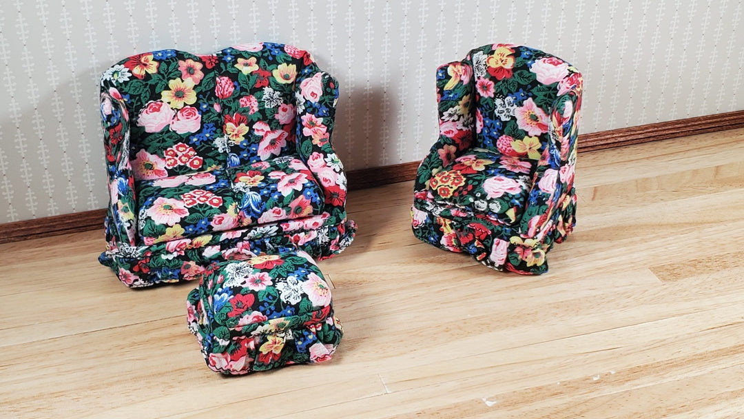 Dollhouse Small Sofa Chair Ottoman Colorful Floral 1:12 Scale Miniature Furniture - MiniatureCrush