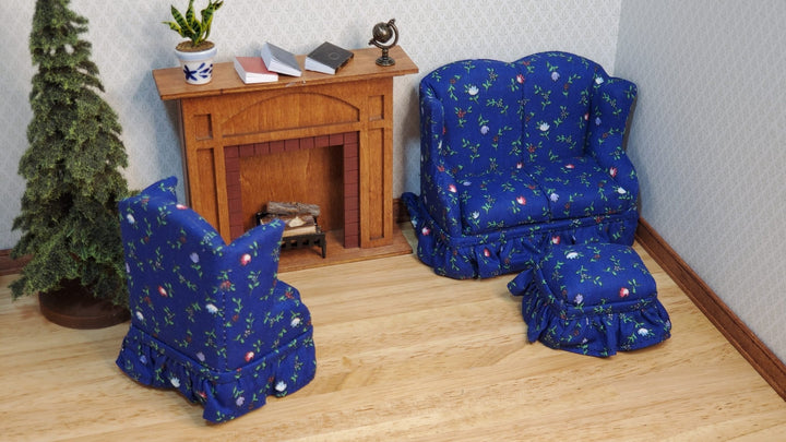 Dollhouse Small Sofa Chair Ottoman Dark Blue Floral 1:12 Scale Miniature Furniture - MiniatureCrush