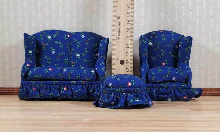 Dollhouse Small Sofa Chair Ottoman Dark Blue Floral 1:12 Scale Miniature Furniture - MiniatureCrush