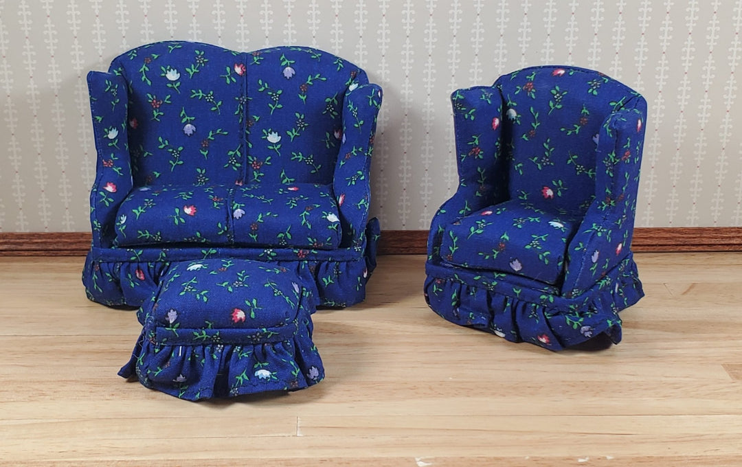 Dollhouse Small Sofa Chair Ottoman Dark Blue Floral 1:12 Scale Miniature Furniture - MiniatureCrush