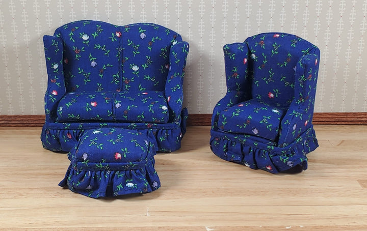 Dollhouse Small Sofa Chair Ottoman Dark Blue Floral 1:12 Scale Miniature Furniture - MiniatureCrush