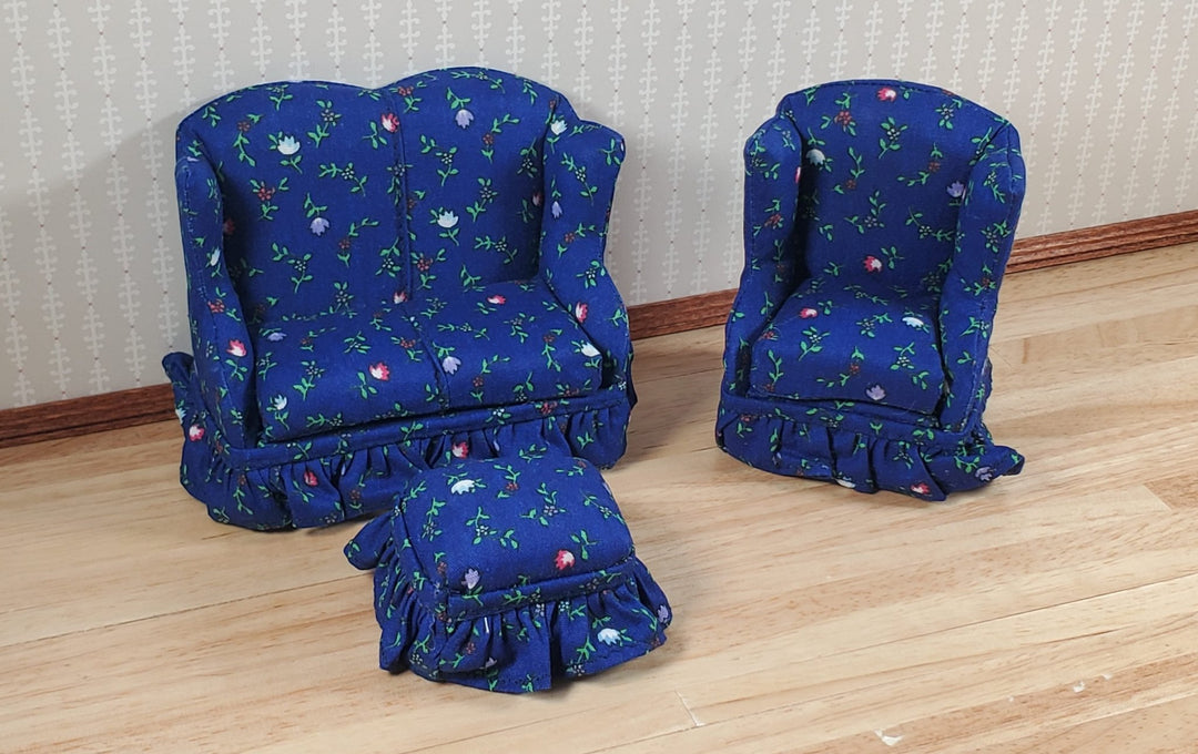 Dollhouse Small Sofa Chair Ottoman Dark Blue Floral 1:12 Scale Miniature Furniture - MiniatureCrush