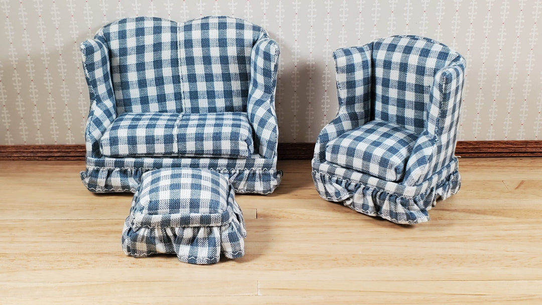 Dollhouse Small Sofa Chair Ottoman Gray Plaid 1:12 Scale Miniature Furniture - MiniatureCrush