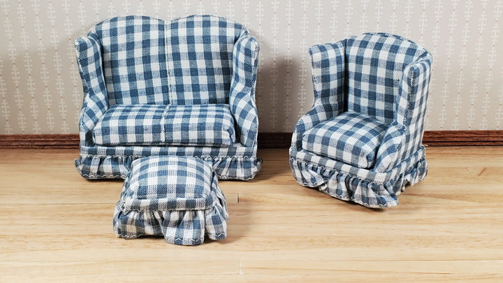 Dollhouse Small Sofa Chair Ottoman Gray Plaid 1:12 Scale Miniature Furniture - MiniatureCrush