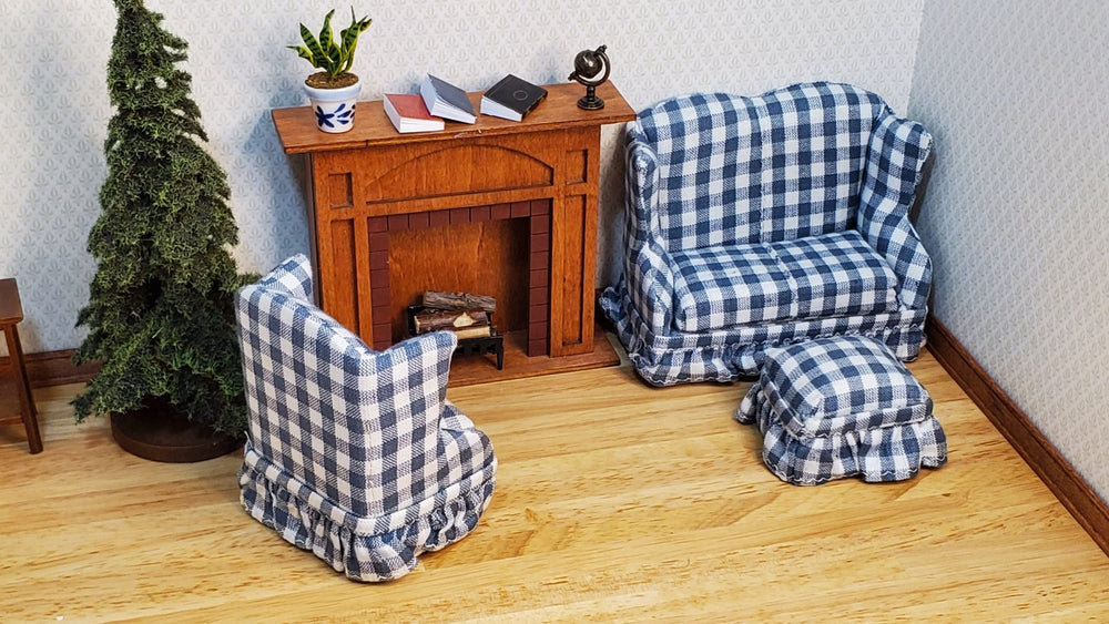 Dollhouse Small Sofa Chair Ottoman Gray Plaid 1:12 Scale Miniature Furniture - MiniatureCrush