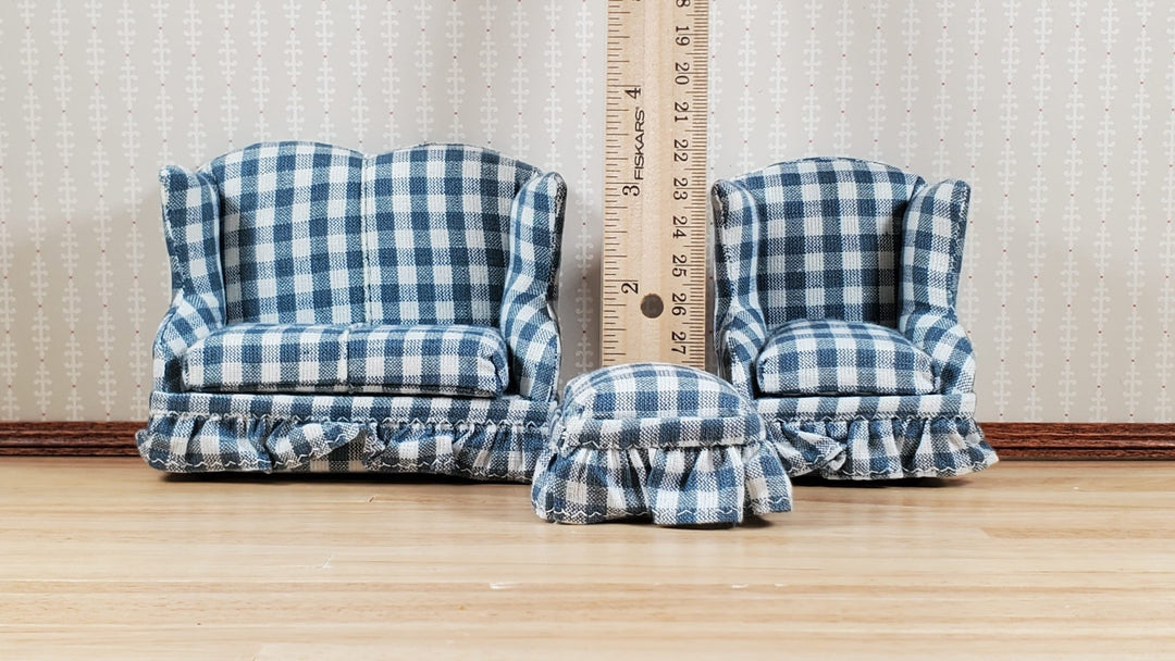 Dollhouse Small Sofa Chair Ottoman Gray Plaid 1:12 Scale Miniature Furniture - MiniatureCrush