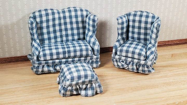 Dollhouse Small Sofa Chair Ottoman Gray Plaid 1:12 Scale Miniature Furniture - MiniatureCrush