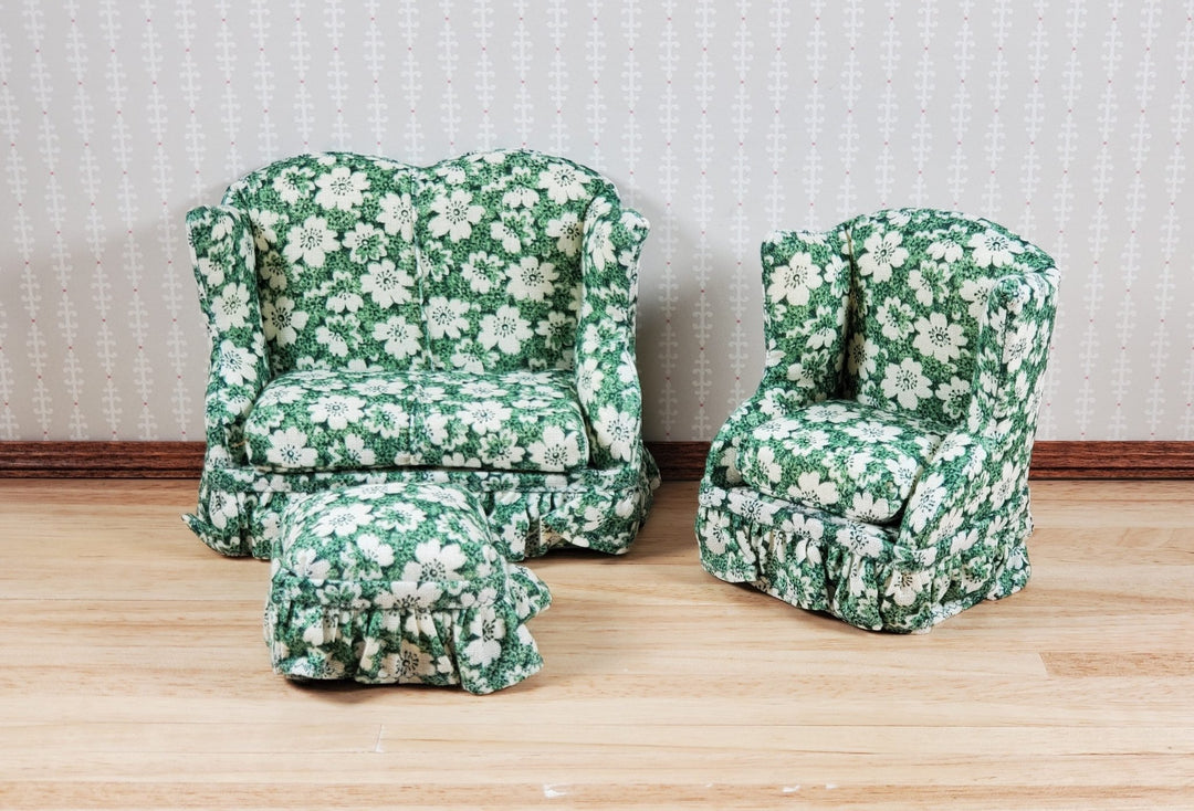 Dollhouse Small Sofa Chair Ottoman Green Floral 1:12 Scale Miniature Furniture - MiniatureCrush