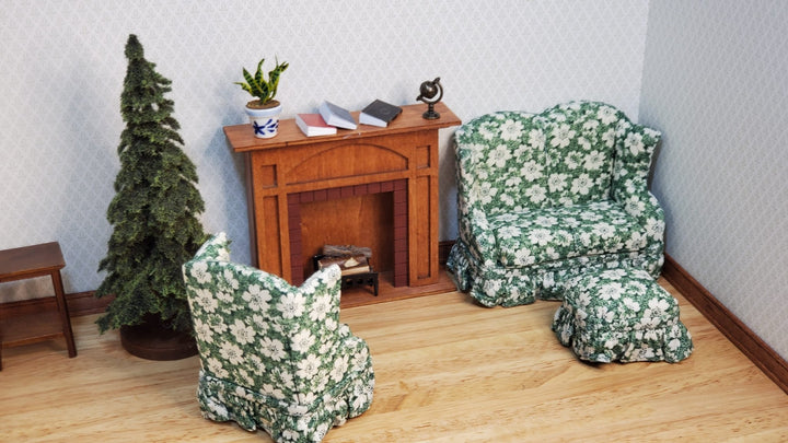 Dollhouse Small Sofa Chair Ottoman Green Floral 1:12 Scale Miniature Furniture - MiniatureCrush