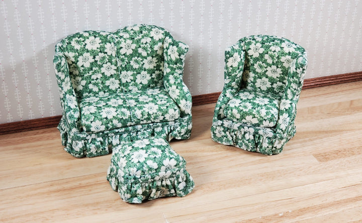 Dollhouse Small Sofa Chair Ottoman Green Floral 1:12 Scale Miniature Furniture - MiniatureCrush