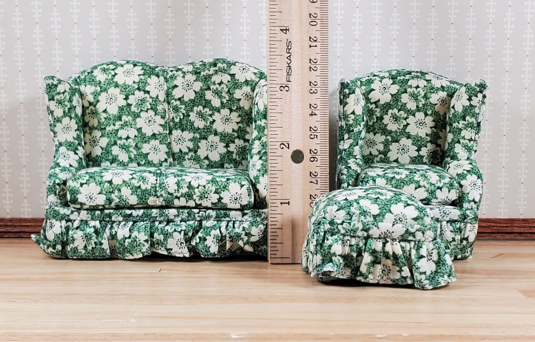 Dollhouse Small Sofa Chair Ottoman Green Floral 1:12 Scale Miniature Furniture - MiniatureCrush