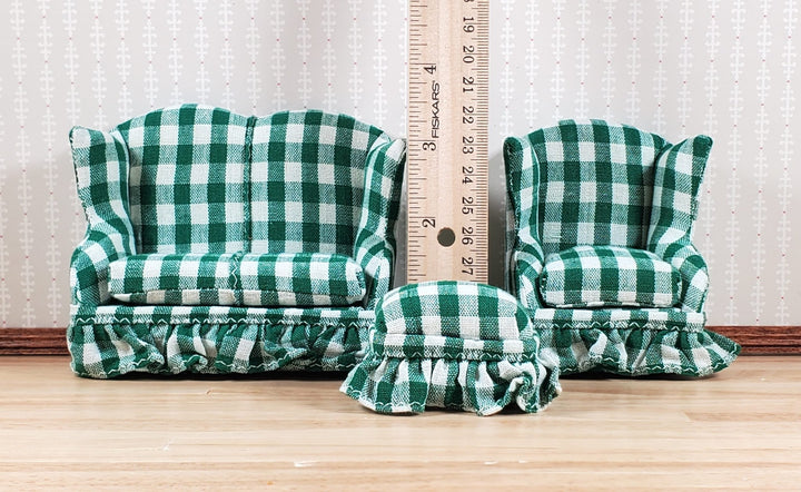 Dollhouse Small Sofa Chair Ottoman Green Plaid 1:12 Scale Miniature Furniture - MiniatureCrush