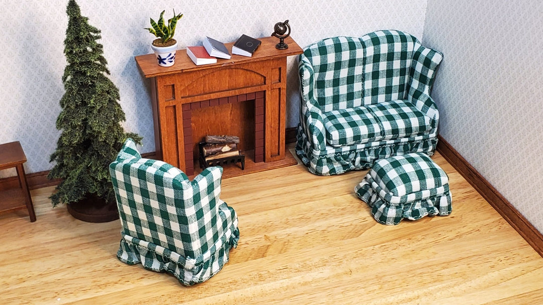 Dollhouse Small Sofa Chair Ottoman Green Plaid 1:12 Scale Miniature Furniture - MiniatureCrush