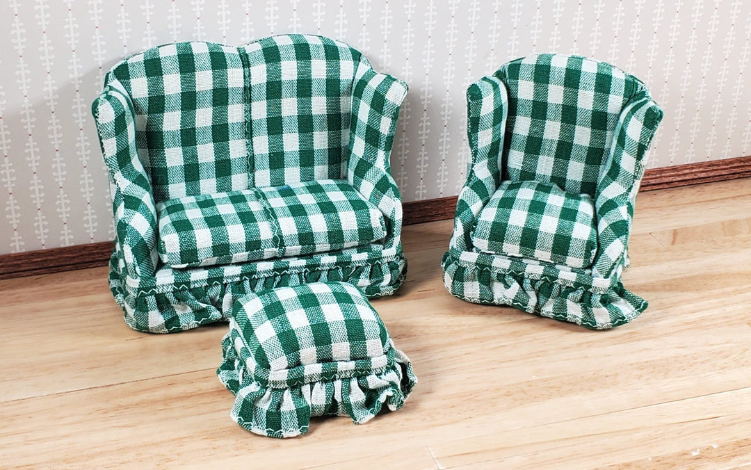 Dollhouse Small Sofa Chair Ottoman Green Plaid 1:12 Scale Miniature Furniture - MiniatureCrush