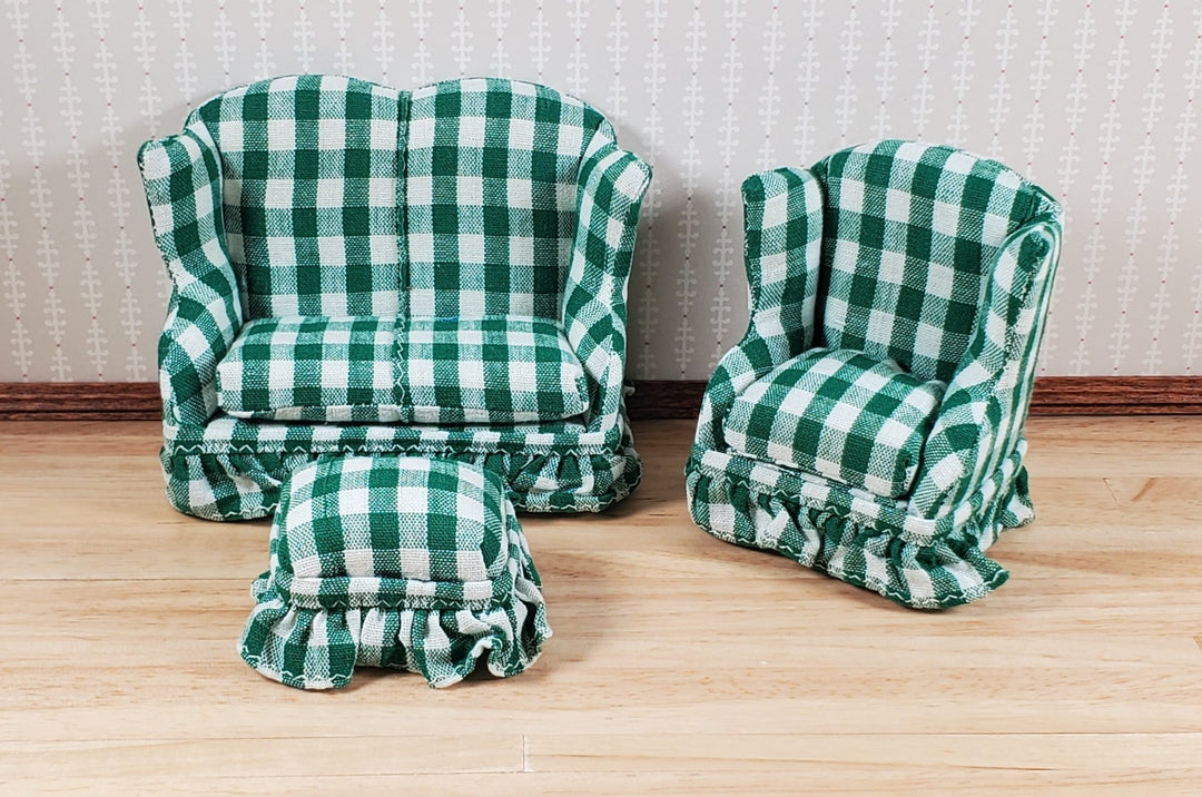 Dollhouse Small Sofa Chair Ottoman Green Plaid 1:12 Scale Miniature Furniture - MiniatureCrush