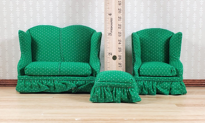 Dollhouse Small Sofa Chair Ottoman Green & White 1:12 Scale Miniature Furniture - MiniatureCrush
