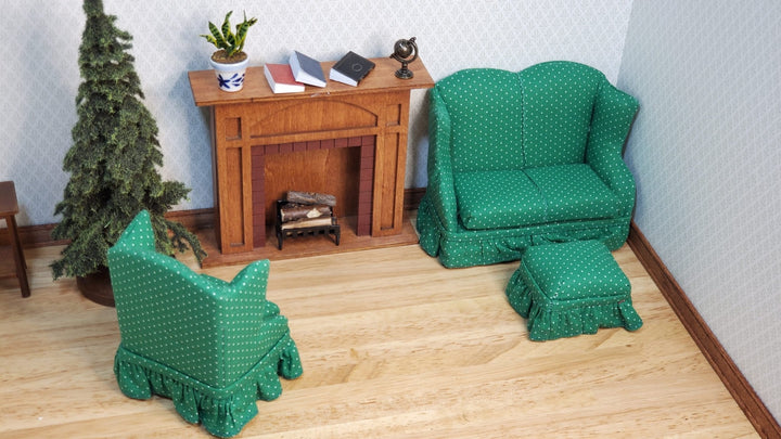 Dollhouse Small Sofa Chair Ottoman Green & White 1:12 Scale Miniature Furniture - MiniatureCrush