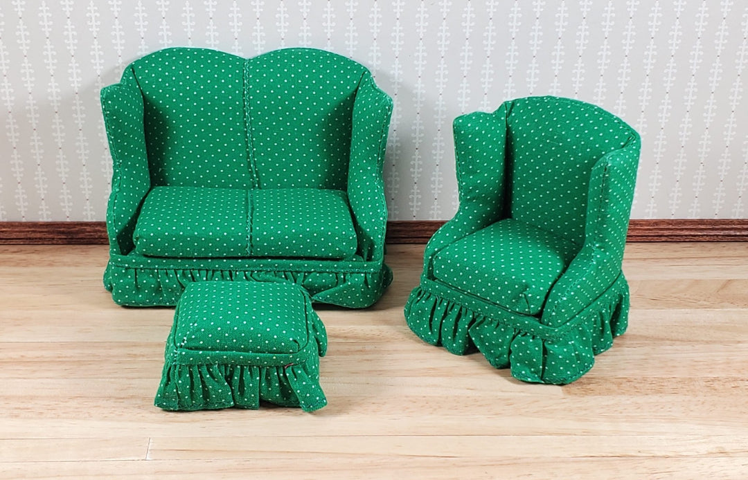 Dollhouse Small Sofa Chair Ottoman Green & White 1:12 Scale Miniature Furniture - MiniatureCrush