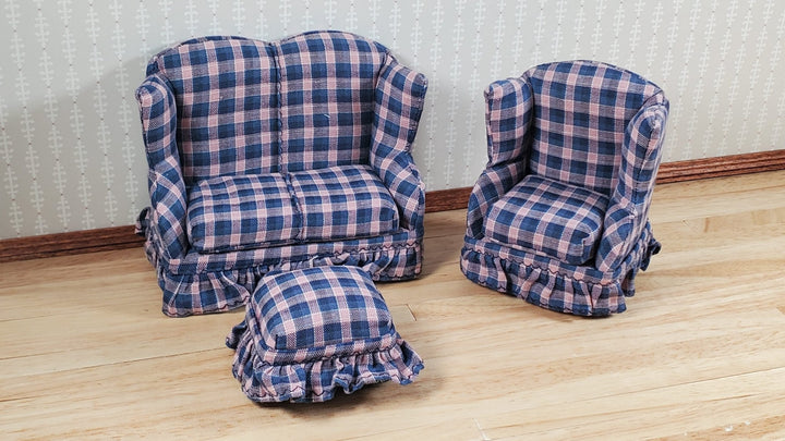 Dollhouse Small Sofa Chair Ottoman Navy & Pink Plaid 1:12 Scale Miniature Furniture - MiniatureCrush