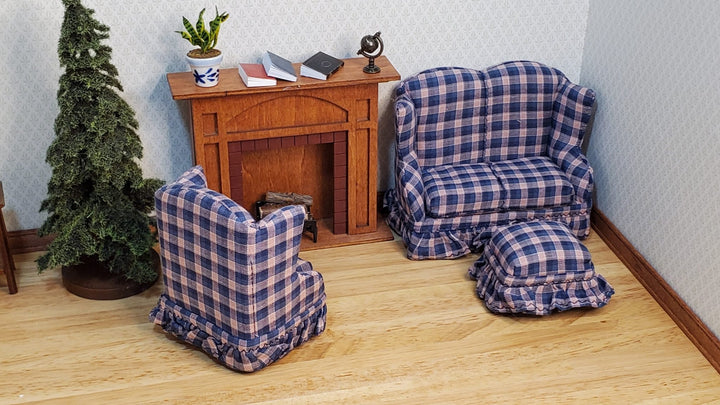 Dollhouse Small Sofa Chair Ottoman Navy & Pink Plaid 1:12 Scale Miniature Furniture - MiniatureCrush