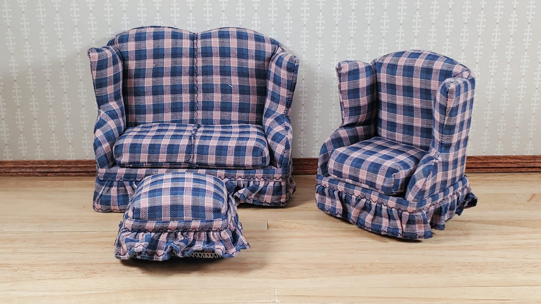 Dollhouse Small Sofa Chair Ottoman Navy & Pink Plaid 1:12 Scale Miniature Furniture - MiniatureCrush