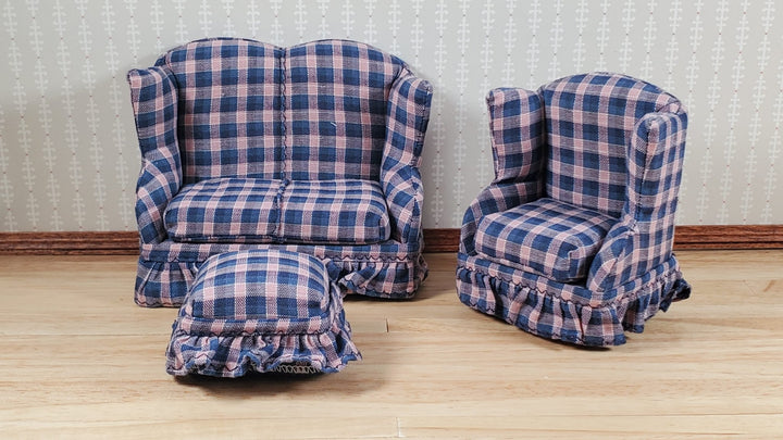 Dollhouse Small Sofa Chair Ottoman Navy & Pink Plaid 1:12 Scale Miniature Furniture - MiniatureCrush