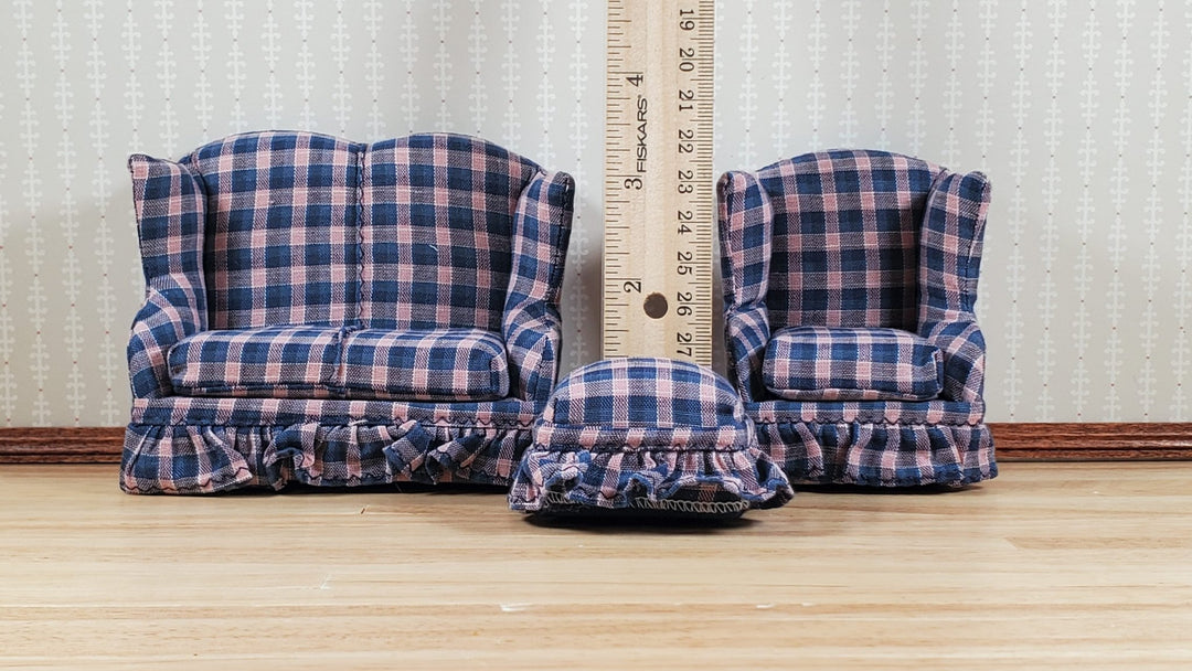 Dollhouse Small Sofa Chair Ottoman Navy & Pink Plaid 1:12 Scale Miniature Furniture - MiniatureCrush