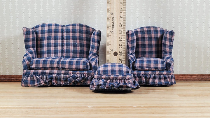 Dollhouse Small Sofa Chair Ottoman Navy & Pink Plaid 1:12 Scale Miniature Furniture - MiniatureCrush