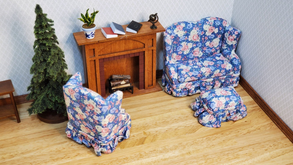 Dollhouse Small Sofa Chair Ottoman Pastel Floral 1:12 Scale Miniature Furniture - MiniatureCrush