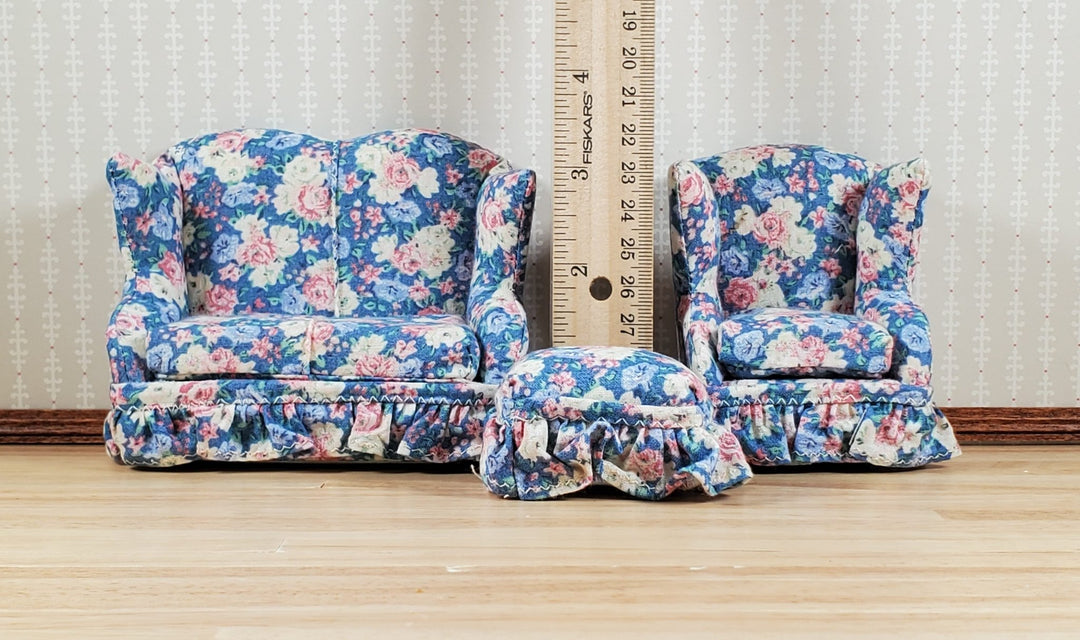Dollhouse Small Sofa Chair Ottoman Pastel Floral 1:12 Scale Miniature Furniture - MiniatureCrush