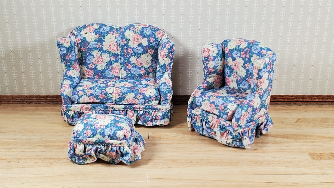 Dollhouse Small Sofa Chair Ottoman Pastel Floral 1:12 Scale Miniature Furniture - MiniatureCrush