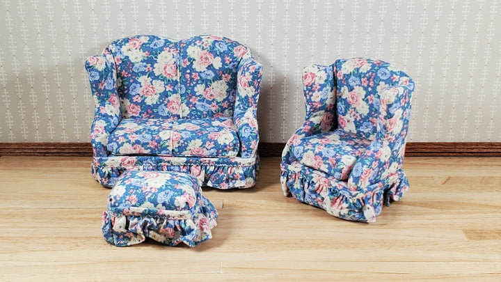 Dollhouse Small Sofa Chair Ottoman Pastel Floral 1:12 Scale Miniature Furniture - MiniatureCrush