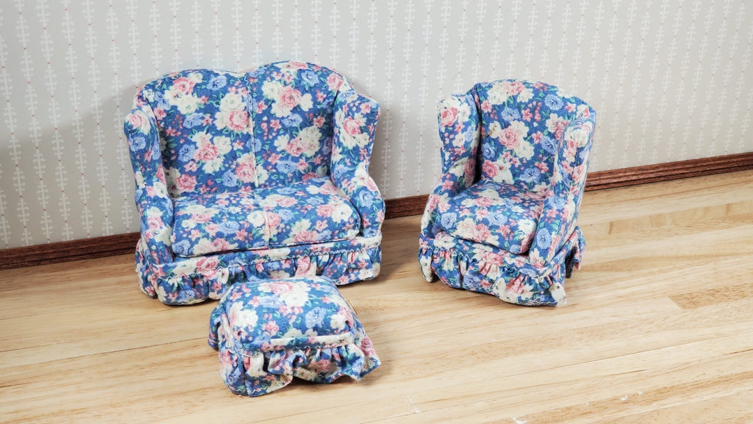 Dollhouse Small Sofa Chair Ottoman Pastel Floral 1:12 Scale Miniature Furniture - MiniatureCrush