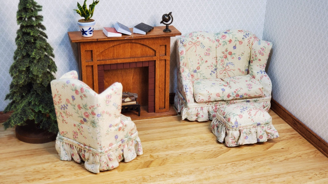 Dollhouse Small Sofa Chair Ottoman Pink Floral Ribbon 1:12 Scale Miniature Furniture - MiniatureCrush