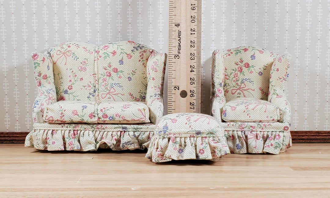 Dollhouse Small Sofa Chair Ottoman Pink Floral Ribbon 1:12 Scale Miniature Furniture - MiniatureCrush