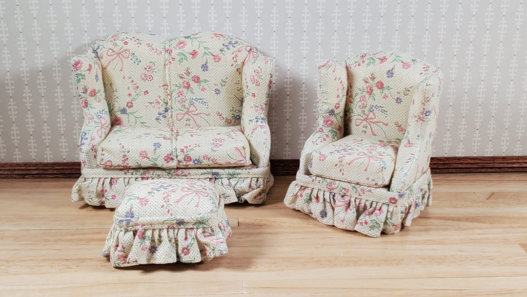 Dollhouse Small Sofa Chair Ottoman Pink Floral Ribbon 1:12 Scale Miniature Furniture - MiniatureCrush