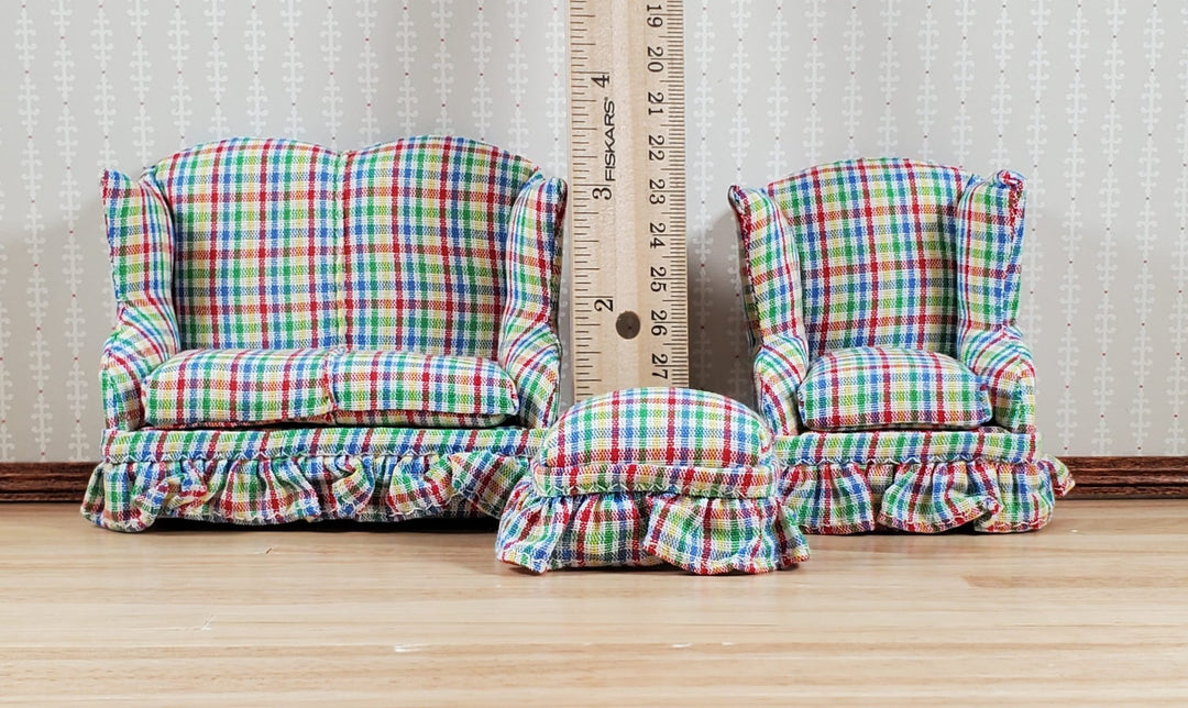 Dollhouse Small Sofa Chair Ottoman Rainbow Plaid 1:12 Scale Miniature Furniture - MiniatureCrush