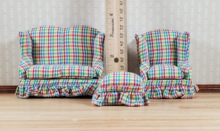 Dollhouse Small Sofa Chair Ottoman Rainbow Plaid 1:12 Scale Miniature Furniture - MiniatureCrush