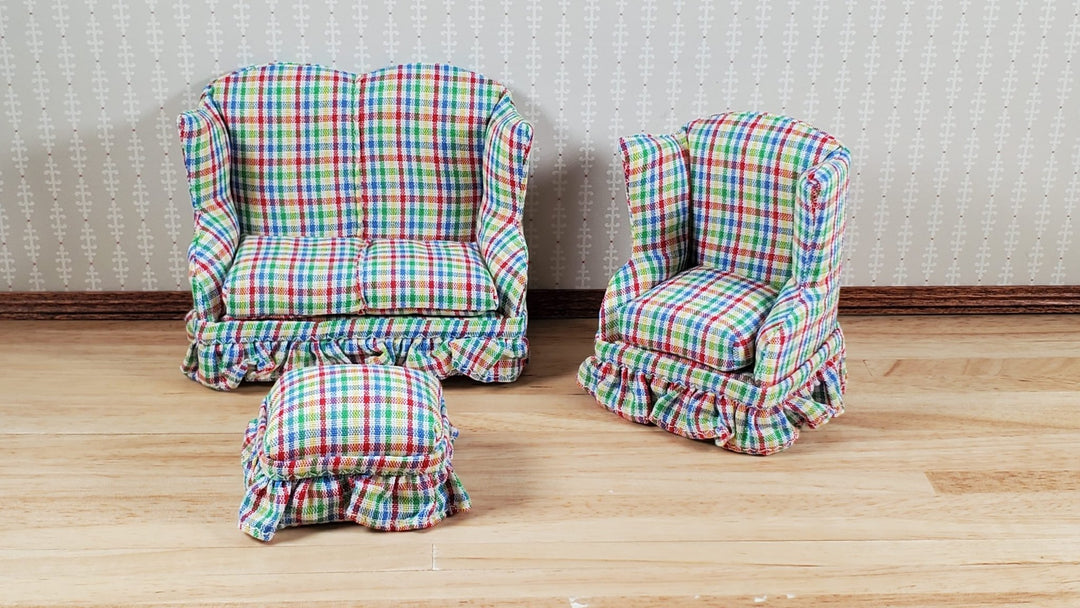 Dollhouse Small Sofa Chair Ottoman Rainbow Plaid 1:12 Scale Miniature Furniture - MiniatureCrush