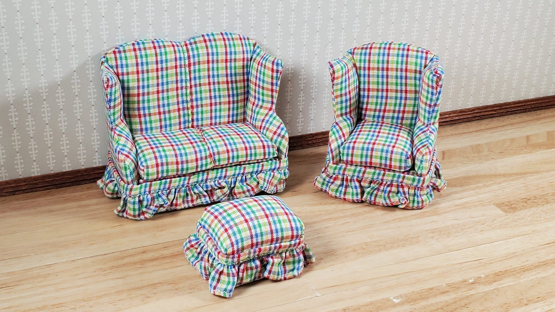 Dollhouse Small Sofa Chair Ottoman Rainbow Plaid 1:12 Scale Miniature Furniture - MiniatureCrush