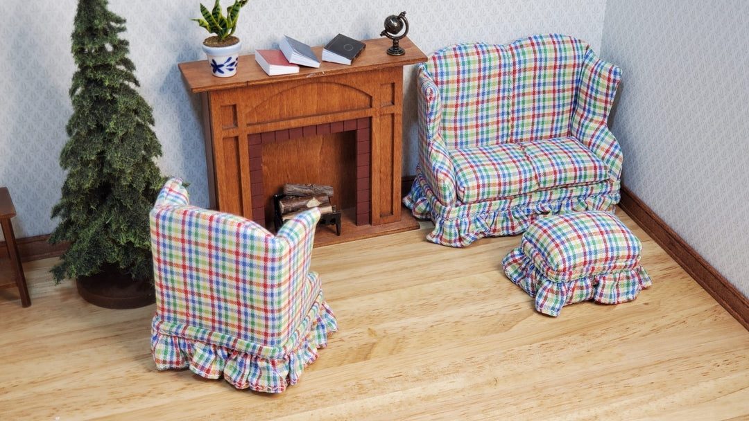 Dollhouse Small Sofa Chair Ottoman Rainbow Plaid 1:12 Scale Miniature Furniture - MiniatureCrush