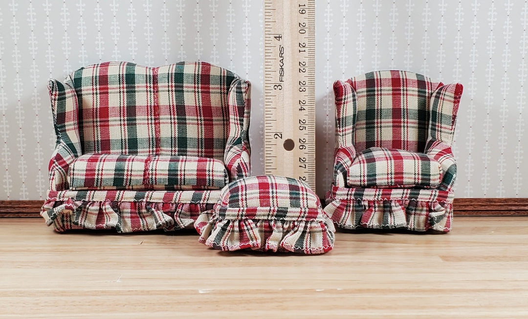 Dollhouse Small Sofa Chair Ottoman Red Green Plaid 1:12 Scale Miniature Furniture - MiniatureCrush