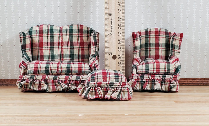 Dollhouse Small Sofa Chair Ottoman Red Green Plaid 1:12 Scale Miniature Furniture - MiniatureCrush