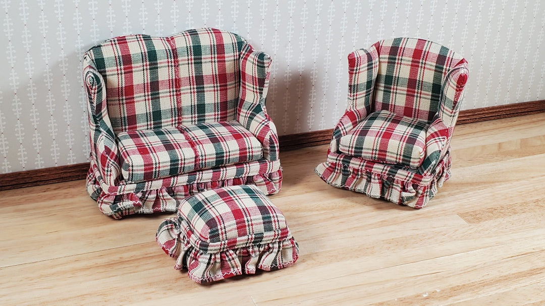 Dollhouse Small Sofa Chair Ottoman Red Green Plaid 1:12 Scale Miniature Furniture - MiniatureCrush