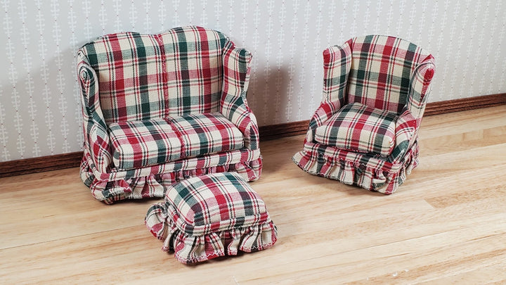 Dollhouse Small Sofa Chair Ottoman Red Green Plaid 1:12 Scale Miniature Furniture - MiniatureCrush