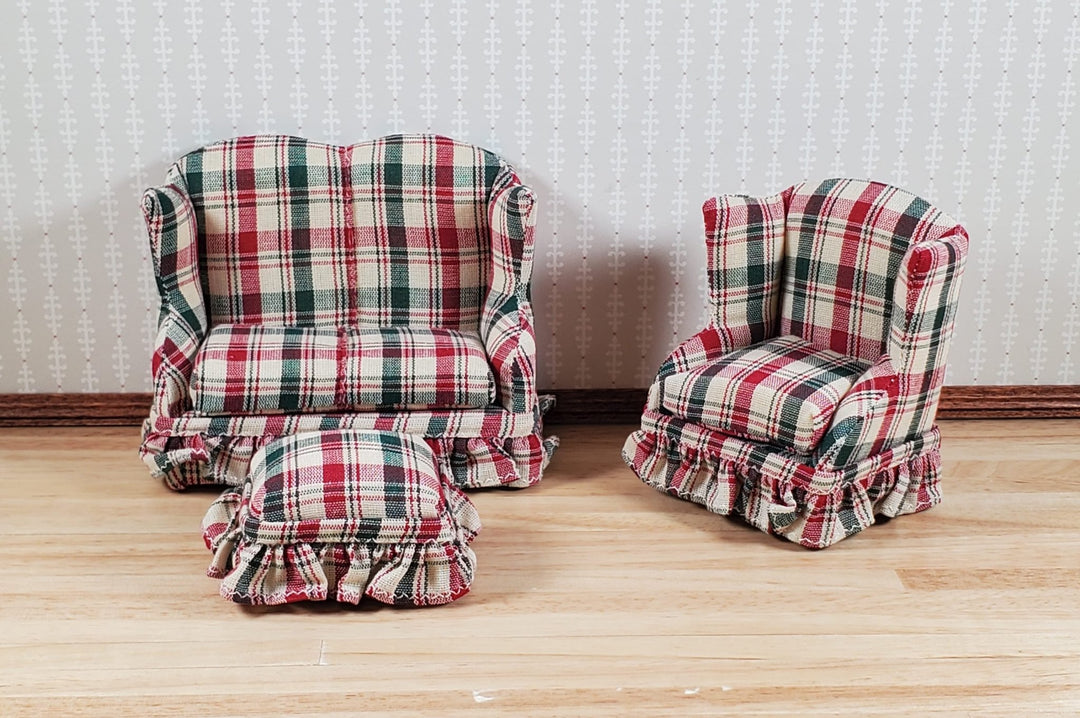 Dollhouse Small Sofa Chair Ottoman Red Green Plaid 1:12 Scale Miniature Furniture - MiniatureCrush